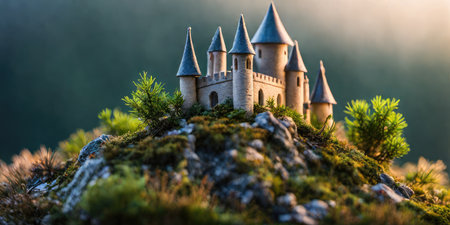 Miniature of a medieval castle on a rock in the sunlight.の素材