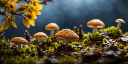 Mushrooms on moss with yellow flowers in the background. Selective focus.の素材
