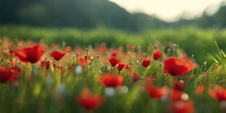 Red poppies in a green field at sunset. Soft focusの素材