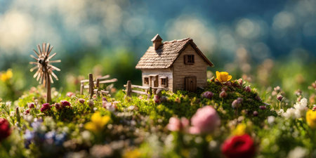 Miniature wooden house in the meadow with blooming spring flowersの素材