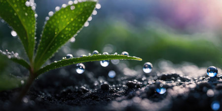Water drops on young plant. Selective focus with shallow depth of field.の素材
