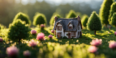 Miniature house on the grass in the garden. Selective focus.の素材