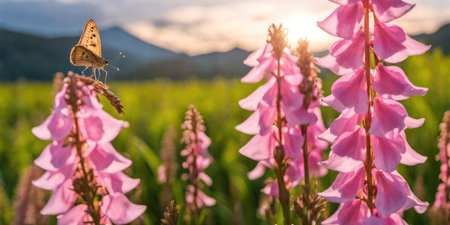 Butterfly on pink foxglove flowers in the meadowの素材