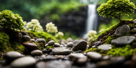 Japanese garden with a waterfall in the background and green moss on stonesの素材