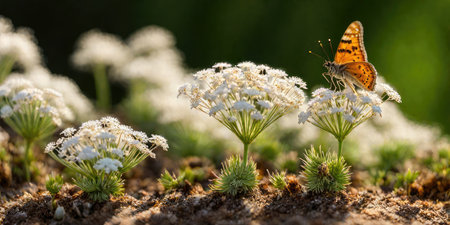 Butterfly on white flowers, close-up, selective focusの素材