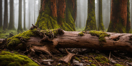 Old tree trunk with moss in the forest with fog in the backgroundの素材