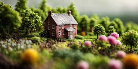 Miniature model of a house with green grass and flowers in the backgroundの素材