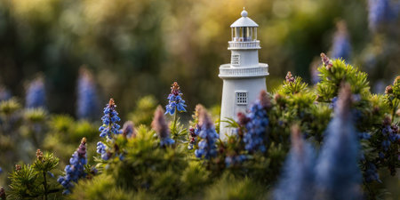Lighthouse and blue flowers in the garden at sunset. Selective focus.の素材
