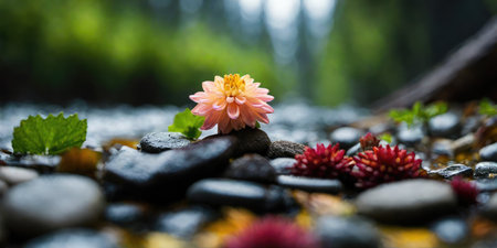 pink dahlia flower on pebbles in the rainの素材