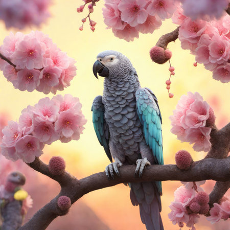 Blue parrot sitting on a branch with pink sakura flowers.の素材