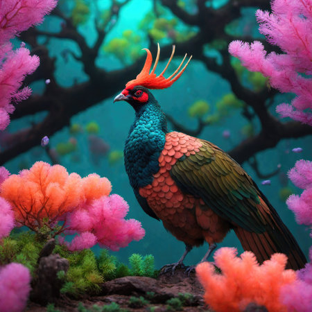 Colorful peacock on a background of pink flowers and trees.の素材