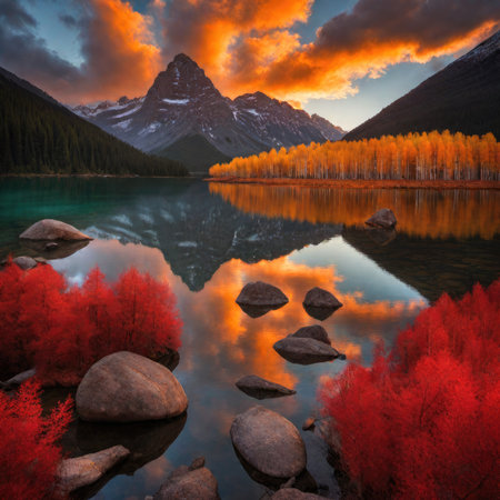 Beautiful autumn landscape with mountain lake and colorful forest at sunset.の素材