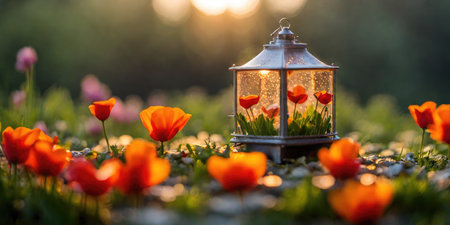 Lantern and tulips on a meadow at sunset.の素材
