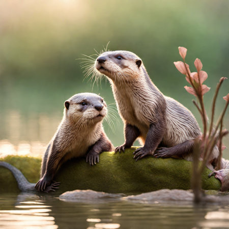 Two Asian small-clawed otters sitting on a rock in waterの素材