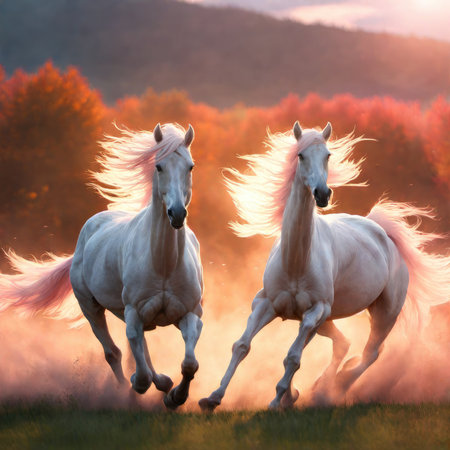 Two white horses run gallop in the meadow at sunset.の素材