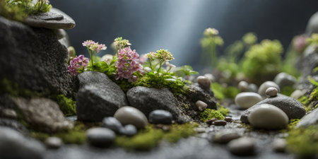 Small stone garden with pink flowers and green moss on black stone backgroundの素材