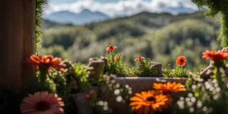 Flowers on the terrace of a country house in the mountainsの素材