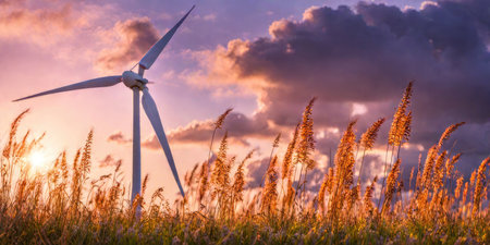Wind turbines at sunset in a meadow with blades of grass and flowersの素材