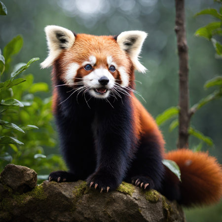 Red panda sitting on a rock in the forest and looking at cameraの素材