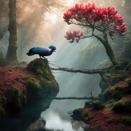 Peacock on a tree in a foggy forest with red flowersの素材