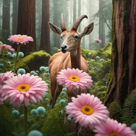 Red deer in the forest with pink flowers, 3d render.の素材