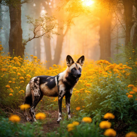 Wild dog in the forest at sunrise. Beautiful nature scene with wild dog.の素材