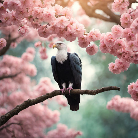 Bald Eagle Bird on Cherry Blossom Tree with Beautiful Nature Background.の素材