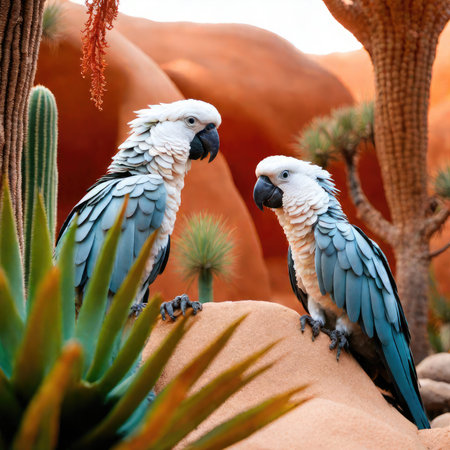 Two white and blue macaw parrots sitting in the desert.の素材