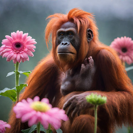 Orangutan and pink flowers on a blurred background in the rainの素材