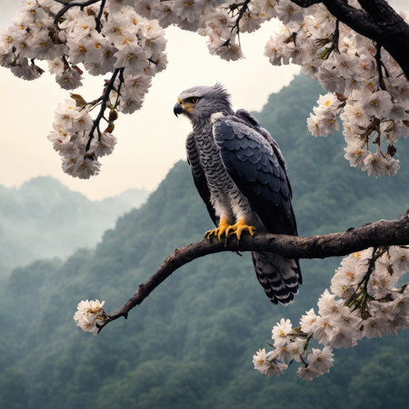 Beautiful bird of prey sitting on a branch of cherry blossomsの素材
