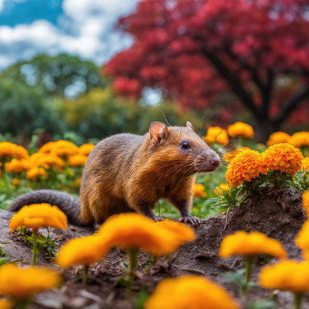 The rat sits on the ground among the flowers in the park.の素材