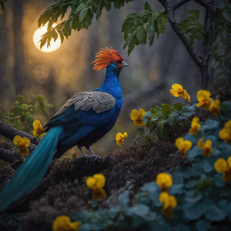 Beautiful bird in the forest at sunset. Colorful bird in the nature habitat.の素材