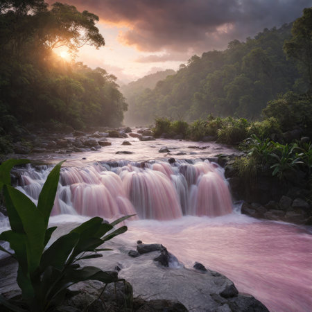 Beautiful waterfall in the tropical forest at sunset time. Nature backgroundの素材