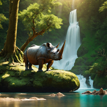 Rhinoceros in front of waterfall in deep forest with sunbeamの素材