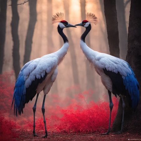 Crowned cranes in a foggy forest at sunrise.の素材