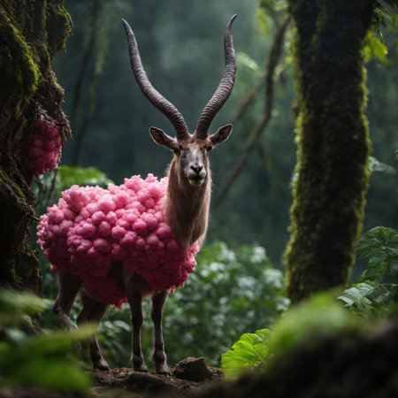 Red deer with pink wool in the forest, Bali, Indonesiaの素材