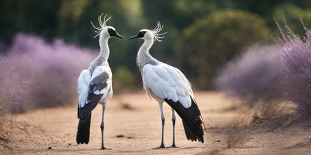 Pair of Grey Crowned Cranes (Grus grus) standing on the sand.の素材