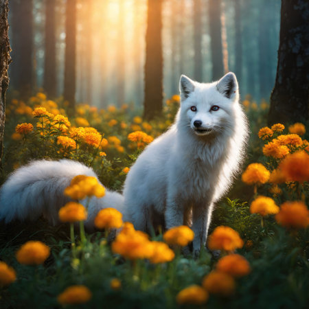 Beautiful white fox in the forest at sunrise. Fox in the nature habitat.の素材