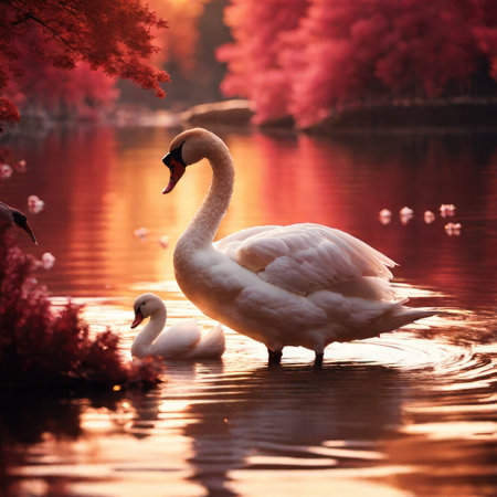 Beautiful swan on the lake in autumn. Colorful autumn landscape.の素材