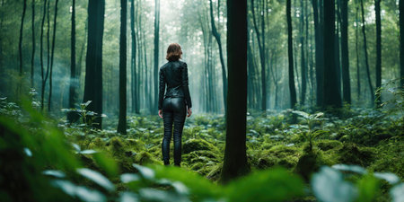 Young woman standing in the middle of a misty forest, rear viewの素材