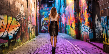 Beautiful girl in a black leather skirt on a background of graffitiの素材