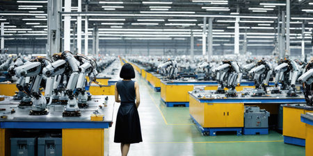 Rear view of a young woman standing in front of robot assembly lineの素材