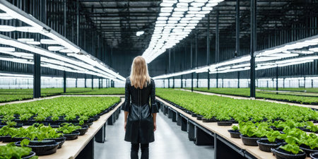 Back view of young woman looking at rows of green lettuce plants in greenhouseの素材