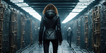 Rear view of a young woman in a black leather jacket standing in a futuristic server room.の素材