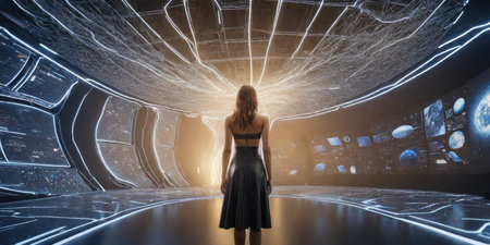 Young woman in black dress against futuristic interior with glowing lights 3D renderingの素材