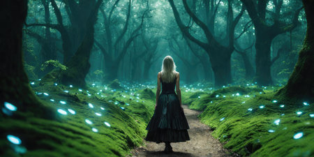 Woman in dark forest with lights and fog. 3d rendering.の素材