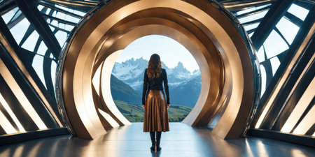 A girl in a long dress stands in the interior of a futuristic building.の素材