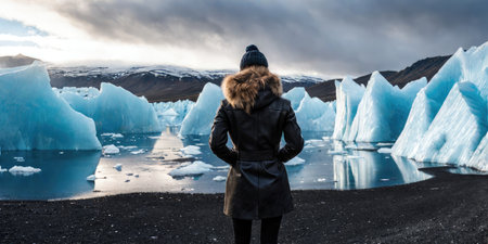 Woman looking at icebergs in Jokulsarlon glacier lagoon, Icelandの素材