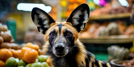 Portrait of a dog at a market. Selective focus.の素材