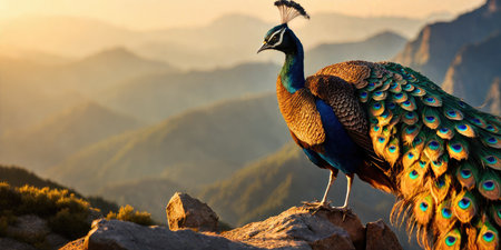Peacock in the mountains at sunset. Beautiful peacock on the rocks.の素材